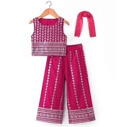 Babyhug Woven Sleeveless Floral Embroidered Top Palazzo Set with Dupatta - Red