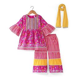 Babyhug Cambric  Woven Three Fourth Sleeves Mirror Work Embroidered Floral & Striped Printed Kurta & Gharara Set with Dupatta - Dark Pink