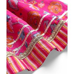 Babyhug Cambric  Woven Three Fourth Sleeves Mirror Work Embroidered Floral & Striped Printed Kurta & Gharara Set with Dupatta - Dark Pink