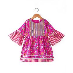 Babyhug Cambric  Woven Three Fourth Sleeves Mirror Work Embroidered Floral & Striped Printed Kurta & Gharara Set with Dupatta - Dark Pink