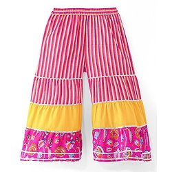 Babyhug Cambric  Woven Three Fourth Sleeves Mirror Work Embroidered Floral & Striped Printed Kurta & Gharara Set with Dupatta - Dark Pink