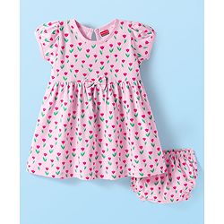 Babyhug Single Jersey Knit Half Sleeves Floral Printed Frock with Bloomer & Bow Applique - Pink