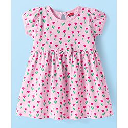 Babyhug Single Jersey Knit Half Sleeves Floral Printed Frock with Bloomer & Bow Applique - Pink