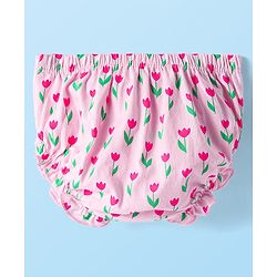 Babyhug Single Jersey Knit Half Sleeves Floral Printed Frock with Bloomer & Bow Applique - Pink