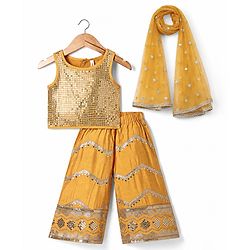 Babyhug Woven Sleeveless Sequined Embroidered Top & Palazzo Set with Dupatta - Mustard