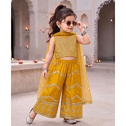 Babyhug Woven Sleeveless Sequined Embroidered Top & Palazzo Set with Dupatta - Mustard