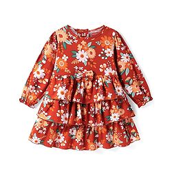 Babyhug Cotton Knit Full Peasant Sleeves Floral Printed Layered Frock with Bow Applique - Red