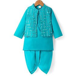 Babyhug Woven Full Sleeves Solid Colour Kurta Dhoti Set with Mirror Work Embroidery  Nehru Jacket - Aqua Blue