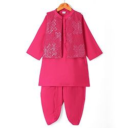 Babyhug Woven Full Sleeves Solid Colour Kurta Dhoti Set with Sequined Embroidered Nehru Jacket - Dark Pink