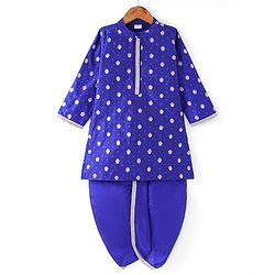 Babyhug Woven Full Sleeves Dobby Foil Printed Kurta Dhoti Set with Lace Detailing - Blue