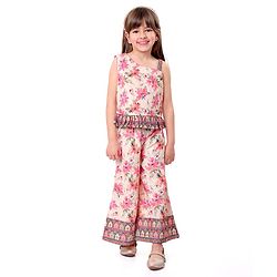 Babyhug Woven Schiffly Sleeveless Floral Printed Crop Top & Palazzo Set with Frill Detailing - Pink