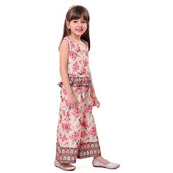 Babyhug Woven Schiffly Sleeveless Floral Printed Crop Top & Palazzo Set with Frill Detailing - Pink