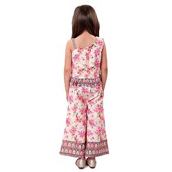 Babyhug Woven Schiffly Sleeveless Floral Printed Crop Top & Palazzo Set with Frill Detailing - Pink