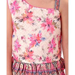 Babyhug Woven Schiffly Sleeveless Floral Printed Crop Top & Palazzo Set with Frill Detailing - Pink