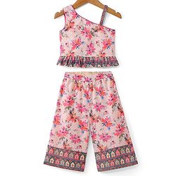 Babyhug Woven Schiffly Sleeveless Floral Printed Crop Top & Palazzo Set with Frill Detailing - Pink