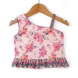 Babyhug Woven Schiffly Sleeveless Floral Printed Crop Top & Palazzo Set with Frill Detailing - Pink