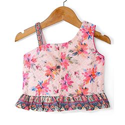 Babyhug Woven Schiffly Sleeveless Floral Printed Crop Top & Palazzo Set with Frill Detailing - Pink