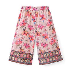 Babyhug Woven Schiffly Sleeveless Floral Printed Crop Top & Palazzo Set with Frill Detailing - Pink