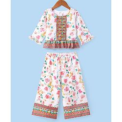 Babyhug Woven Schiffly Full Sleeves Floral Printed Crop Top & Palazzo Set with Frill Detailing - White