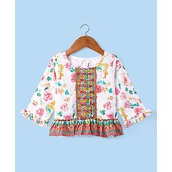Babyhug Woven Schiffly Full Sleeves Floral Printed Crop Top & Palazzo Set with Frill Detailing - White