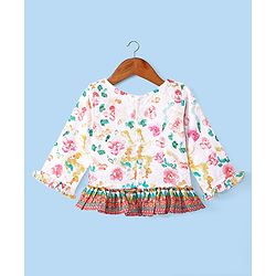 Babyhug Woven Schiffly Full Sleeves Floral Printed Crop Top & Palazzo Set with Frill Detailing - White