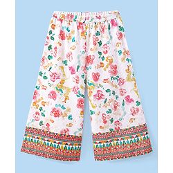 Babyhug Woven Schiffly Full Sleeves Floral Printed Crop Top & Palazzo Set with Frill Detailing - White