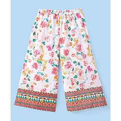 Babyhug Woven Schiffly Full Sleeves Floral Printed Crop Top & Palazzo Set with Frill Detailing - White