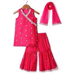 Babyhug Woven Sleeveless Floral Embroidered Kurti Gharara Set with Dupatta - Fuschia