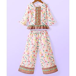 Babyhug Woven Schiffly Full Sleeves Floral Printed Crop Top & Palazzo Set with Frill Detailing - White