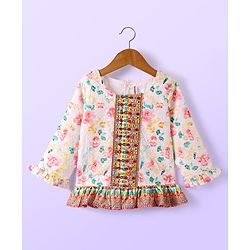 Babyhug Woven Schiffly Full Sleeves Floral Printed Crop Top & Palazzo Set with Frill Detailing - White