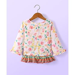Babyhug Woven Schiffly Full Sleeves Floral Printed Crop Top & Palazzo Set with Frill Detailing - White