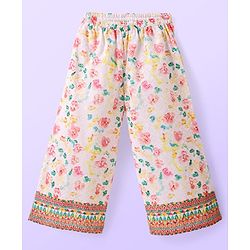 Babyhug Woven Schiffly Full Sleeves Floral Printed Crop Top & Palazzo Set with Frill Detailing - White