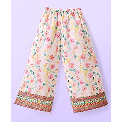 Babyhug Woven Schiffly Full Sleeves Floral Printed Crop Top & Palazzo Set with Frill Detailing - White