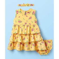 Babyhug Single Jersey Knit Floral Printed Frock With Bloomer & Headband - Yellow