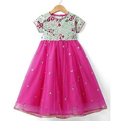 Babyhug Woven Short Sleeves Net Sequenced Ethnic Dress With Floral Embroidery - Fuchsia