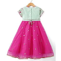 Babyhug Woven Short Sleeves Net Sequenced Ethnic Dress With Floral Embroidery - Fuchsia