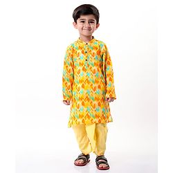 Babyhug Cotton Woven Cambric Lurex Full Sleeves Printed Kurta Dhoti Set - Yellow