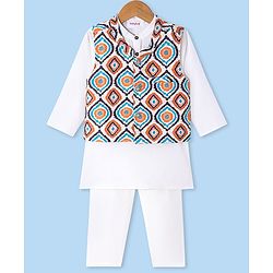 Babyhug Cotton Woven Full Sleeves Solid Kurta Pyjama Set with Printed Jacket - White