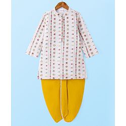 Babyhug Woven Full Sleeves Kurta Dhoti Set With Embroidery & Sequin Design - Yellow & White