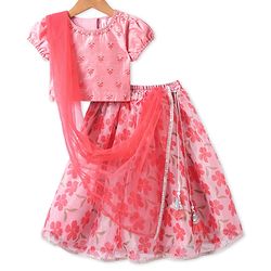 Babyhug Woven Half Puffed Sleeves Floral Printed & Embroidered Choli Lehenga Set with Dupatta - Pink