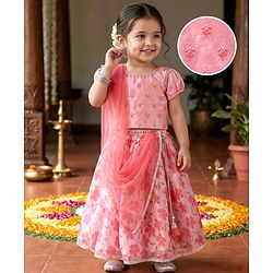 Babyhug Woven Half Puffed Sleeves Floral Printed & Embroidered Choli Lehenga Set with Dupatta - Pink