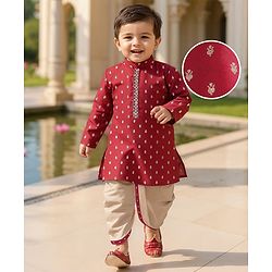 Babyhug Woven Dobby Foil Printed Full Sleeves Kurta Dhoti Set - Red