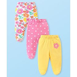 Babyhug Cotton Knit Floral & Polka Dots Printed Footed Leggings - Cream Pink & Yellow