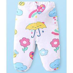 Babyhug Cotton Knit Floral & Sky Printed Footed Leggings Pack of 3 - Yellow White & Pink