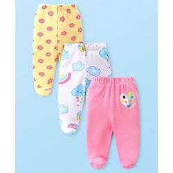 Babyhug Cotton Knit Floral & Sky Printed Footed Leggings Pack of 3 - Yellow White & Pink