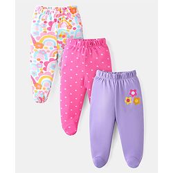 Babyhug Interlock Cotton Knit Bootie Leggings Floral Print Pack of 3 - Pink Purple & White