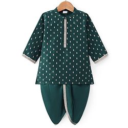 Babyhug Woven Dobby Full Sleeves Foil Printed & Embroidered Kurta Dhoti Set - Dark Green