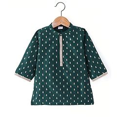 Babyhug Woven Dobby Full Sleeves Foil Printed & Embroidered Kurta Dhoti Set - Dark Green