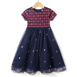 Babyhug Woven Half Sleeves Ethnic Dress With Floral Embroidery & Sequin Detailing  - Navy Blue