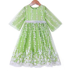 Babyhug Woven Three Fourth Sleeves Floral & Sequin Embroidered Ethnic Dress - Limegreen